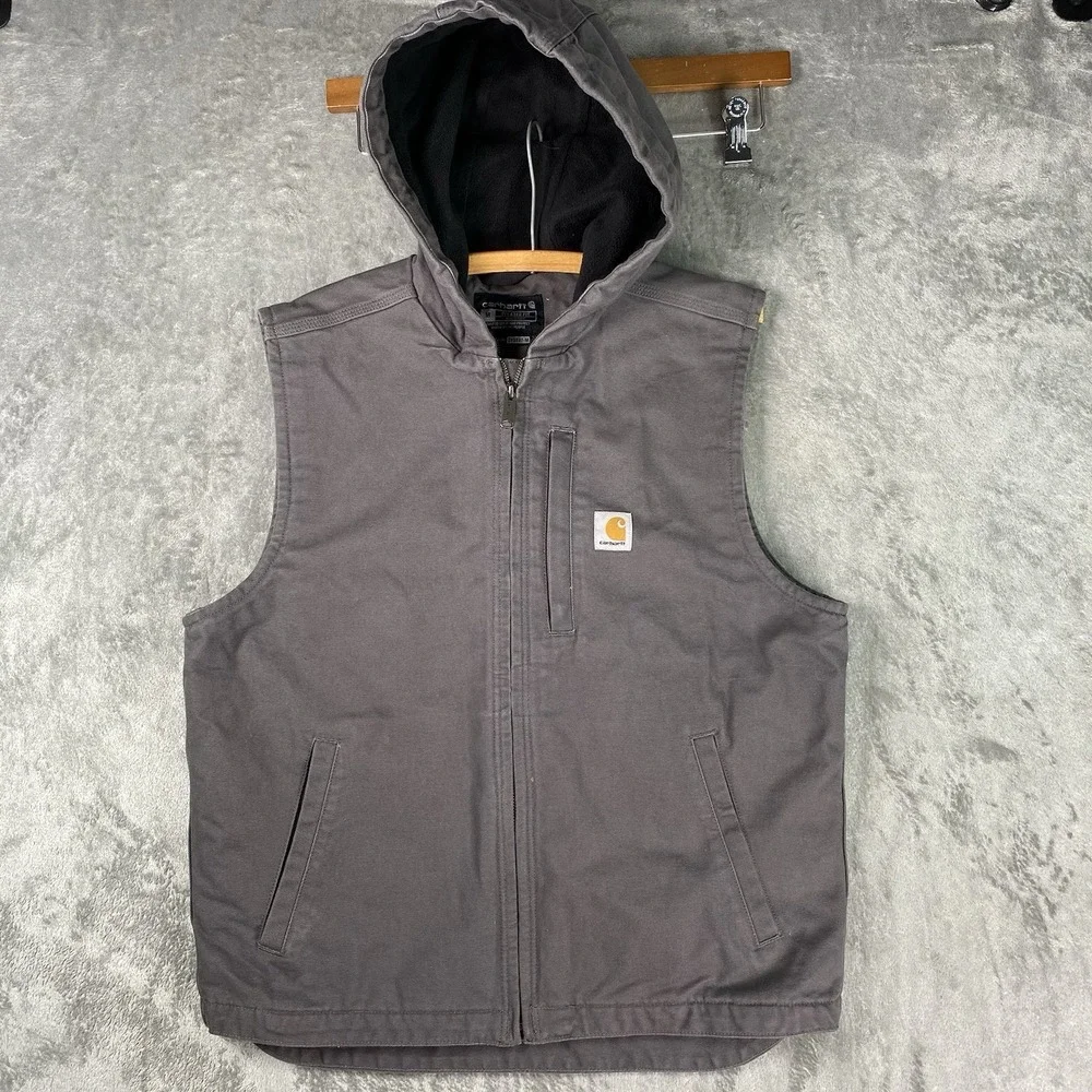 Carhartt Duck Canvas Fleece Lined Vest Mens M Relaxed Fit Gray Hooded 103837 GVL